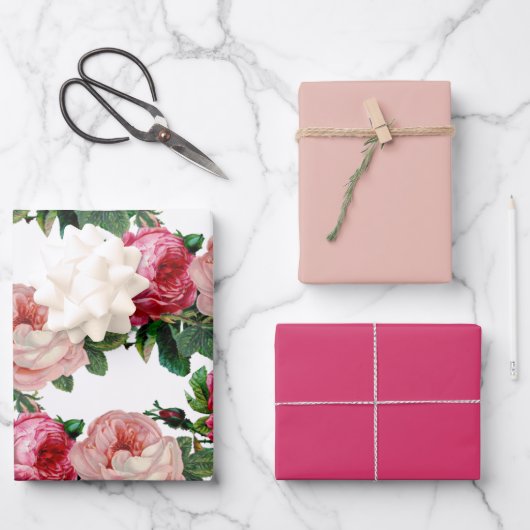 Glanzende Roze Roos Bloem Inpakpapier Vel (Voorkant)