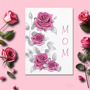 Glanzende Roze Rozen met Zilveren Moederdag Kaart