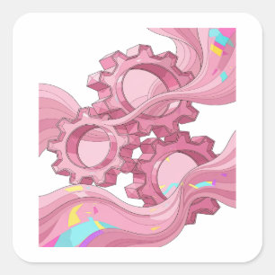 Glanzende Roze TANDWIELEN EN GOLVENDE GOLVEN Stick Vierkante Sticker