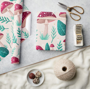 Glanzende scharlaken paddestoel en turkoois bladpr cadeaupapier