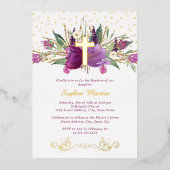 Glanzende sprankelende Amethist Kruisdoop Folie Uitnodiging (Voorkant)