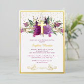 Glanzende sprankelende Paarse Amethist Kruisdoop Folie Uitnodiging (Staand Voorkant)