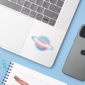 Glanzende Transgender Planeet met Ringen Sticker (Laptop met iPhone)