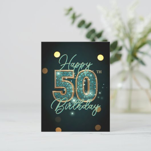 Glanzende Turquoise en Gouden Mozaïek 50e Verjaard Briefkaart (Staand voorkant)
