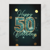 Glanzende Turquoise en Gouden Mozaïek 50e Verjaard Briefkaart (Voorkant)