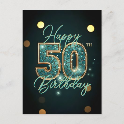 Glanzende Turquoise en Gouden Mozaïek 50e Verjaard Briefkaart (Voorkant)