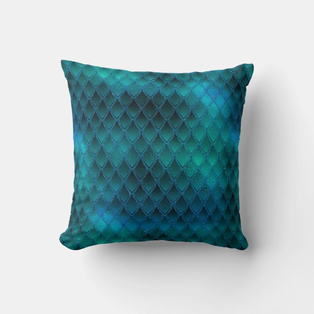 Glanzende Turquoise & Glitterende Draak Schubben Kussen (Voorkant)