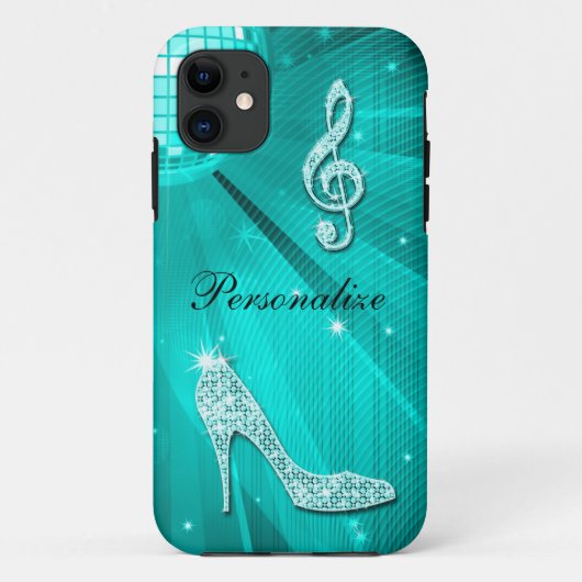 Glanzende Turquoise Muzieknote & Stiletto Hak Case-Mate iPhone Case (Achterkant)