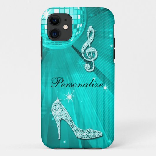 Glanzende Turquoise Muzieknote & Stiletto Hak Case-Mate iPhone Case (Achterkant)