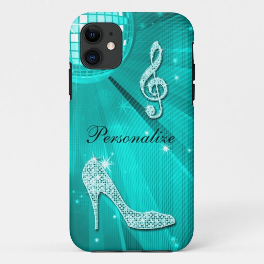 Glanzende Turquoise Muzieknote & Stiletto Hak Case-Mate iPhone Case (Achterkant)