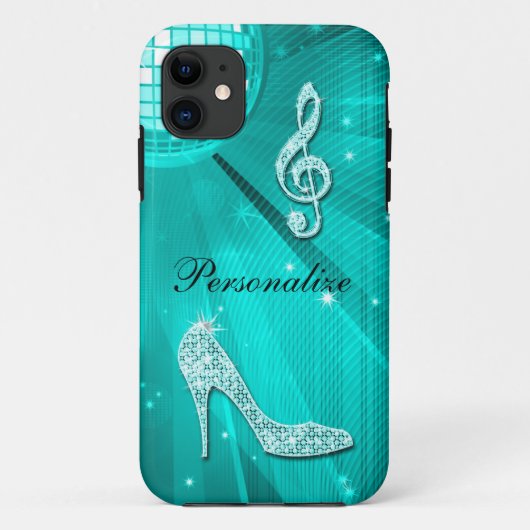 Glanzende Turquoise Muzieknote & Stiletto Hak Case-Mate iPhone Case (Achterkant)