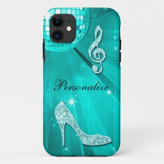 Glanzende Turquoise Muzieknote & Stiletto Hak Case-Mate iPhone Case (Achterkant)