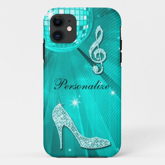 Glanzende Turquoise Muzieknote & Stiletto Hak Case-Mate iPhone Case (Achterkant)