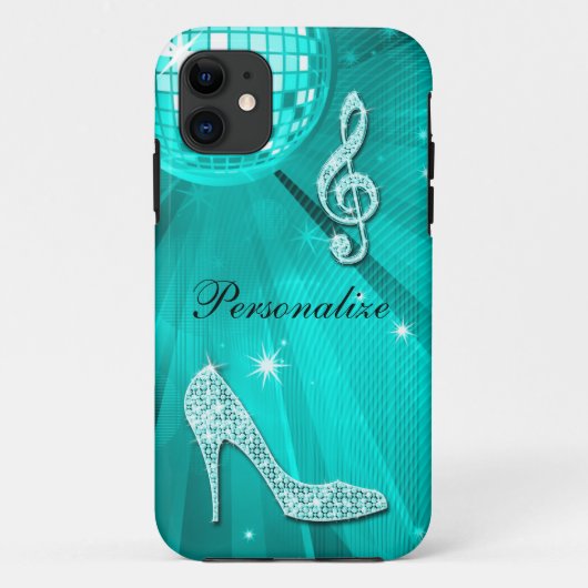 Glanzende Turquoise Muzieknote & Stiletto Hak Case-Mate iPhone Case (Achterkant)