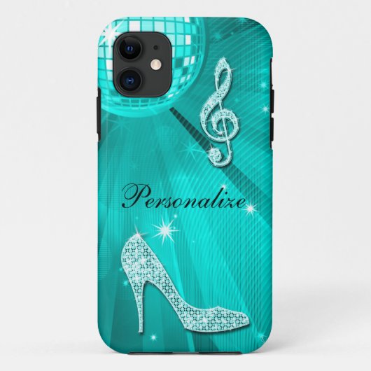 Glanzende Turquoise Muzieknote & Stiletto Hak Case-Mate iPhone Case (Achterkant)