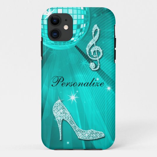 Glanzende Turquoise Muzieknote & Stiletto Hak Case-Mate iPhone Case (Achterkant)