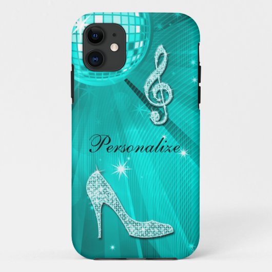 Glanzende Turquoise Muzieknote & Stiletto Hak Case-Mate iPhone Case (Achterkant)