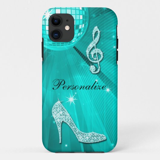 Glanzende Turquoise Muzieknote & Stiletto Hak Case-Mate iPhone Case (Achterkant)