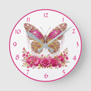 Glanzende Vlinder Roze en Gouden Bloemen Ronde Klok