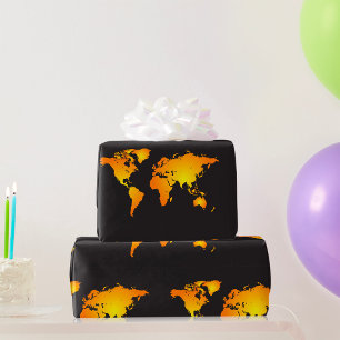 Glanzende Wereldkaart in Oranje en Geel Cadeaupapier