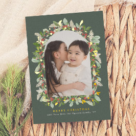 Glanzende Winter Tuin Groene Boog Kerstmis 1 Foto Folie Feestdagenkaart