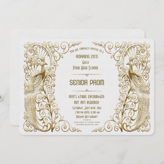 Glanzende Witte Goud Art Deco Pauw Galabanket Kaart (Voorkant / Achterkant)