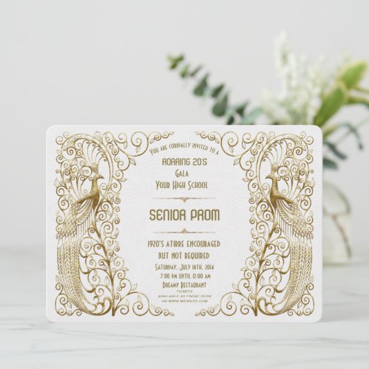 Glanzende Witte Goud Art Deco Pauw Galabanket Kaart (Staand voorkant)