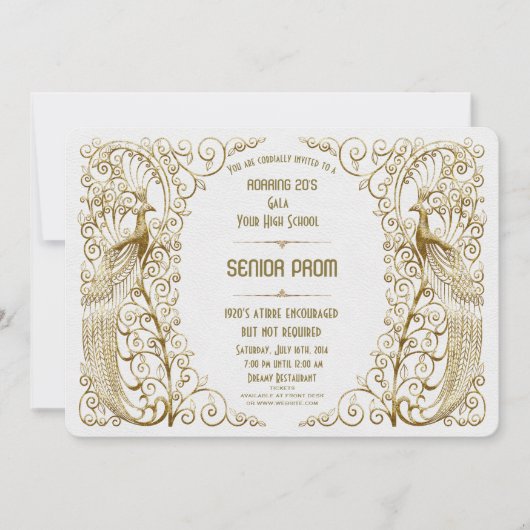 Glanzende Witte Goud Art Deco Pauw Galabanket Kaart (Voorkant)