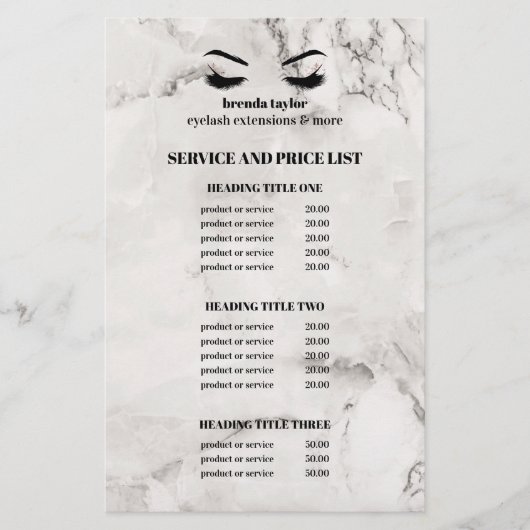 Glanzende witte marmeren WIMPER SALON SERVICE LIJS Flyer (Voorkant)