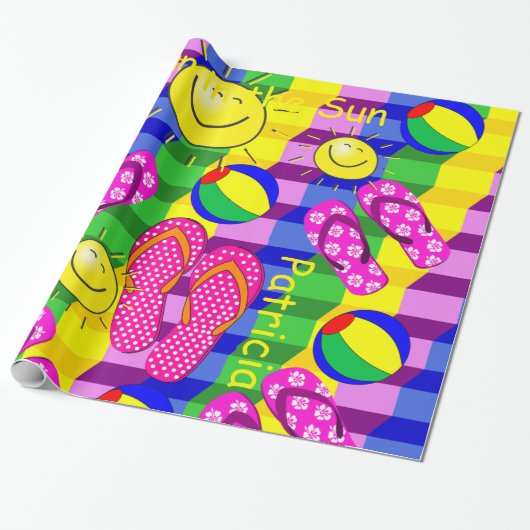Glanzende wrapping Paper, Beach Ball Sun-Teenslipp Cadeaupapier (Uitgerold)