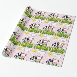 Glanzende wrapping papier, Koeien Sun Clouds Flora Cadeaupapier