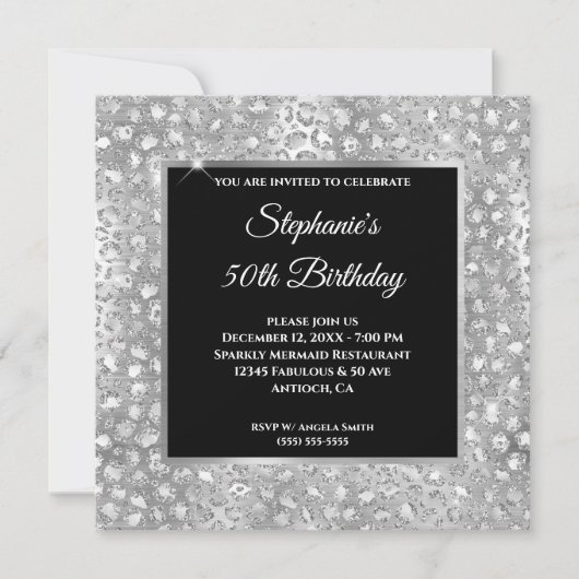 Glanzende Zilveren Glitter Folie Luipaardprint Ver Kaart (Voorkant)