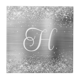Glanzende Zilveren Glitters en Folie Monogram Tegeltje