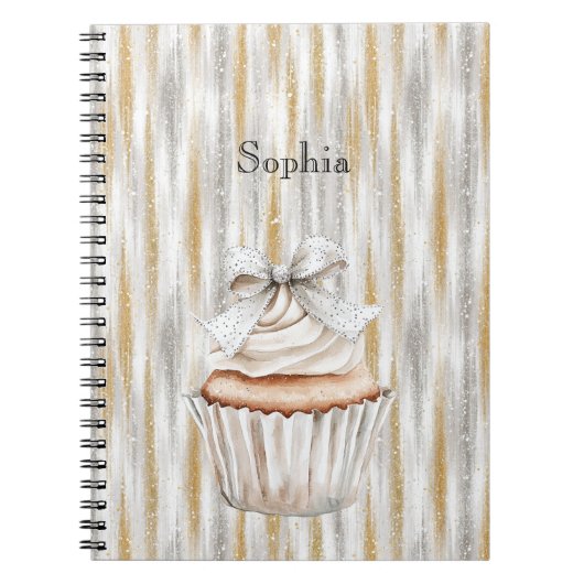Glanzende zilveren gouden strepen witte cupcake bo notitieboek (Voorkant)
