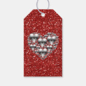 Glanzende zilveren harten rode faux glitter cadeaulabel (Voorkant)