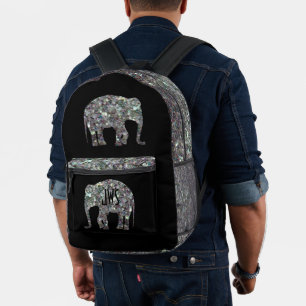 Glanzende zilveren mozaïek Olifant Monogram op zwa Bedrukte Rugzak