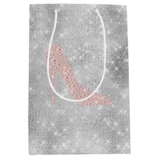 Glanzende zilveren roze diamanten hakken bruidsfee medium cadeauzakje (Voorkant)