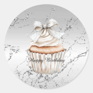 Glanzende Zilveren Witte Cupcake Boog Verjaardag Ronde Sticker