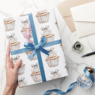 Glanzende Zilveren Witte Cupcakes Boog Verjaardag Cadeaupapier