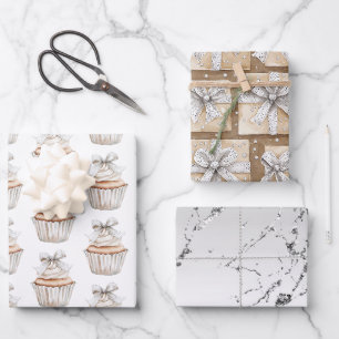 Glanzende Zilveren Witte Cupcakes Strik Verjaardag Inpakpapier Vel