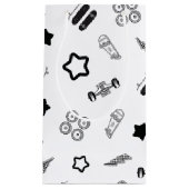 Glanzende zwart-witte skateboard geschenktas klein cadeauzakje (Voorkant)