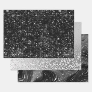 Glanzende zwarte en zilveren glinsterende patronen inpakpapier vel