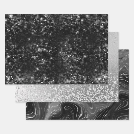 Glanzende zwarte en zilveren glinsterende patronen inpakpapier vel (Set)