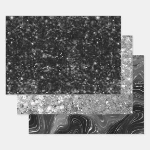 Glanzende zwarte en zilveren glinsterende patronen inpakpapier vel