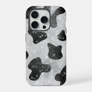 Glanzende Zwarte Glitter Pailletten Koeienprint iPhone 15 Pro Case