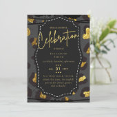 Glanzende Zwarte Goud Bruidsfeest Thema Uitnodigin Kaart (Staand voorkant)