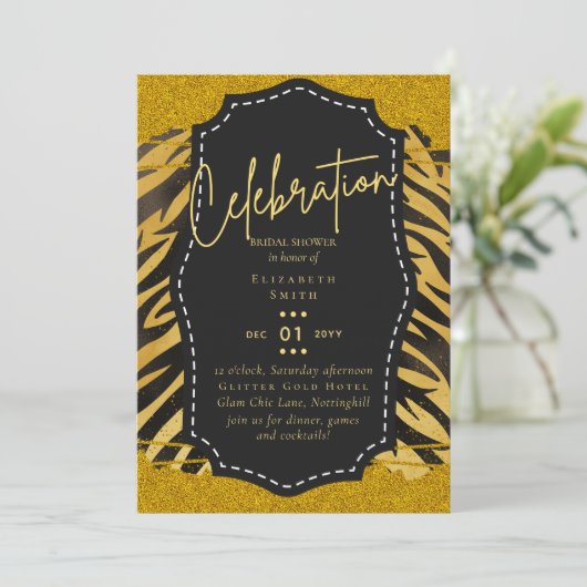 Glanzende Zwarte Gouden Bruidsdouche Thema Uitnodi Kaart (Staand voorkant)