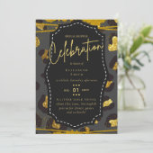 Glanzende Zwarte Gouden Bruidsfeest Thema Uitnodig Kaart (Staand voorkant)