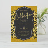 Glanzende Zwarte Gouden Bruidsfeest Thema Uitnodig Kaart (Staand voorkant)