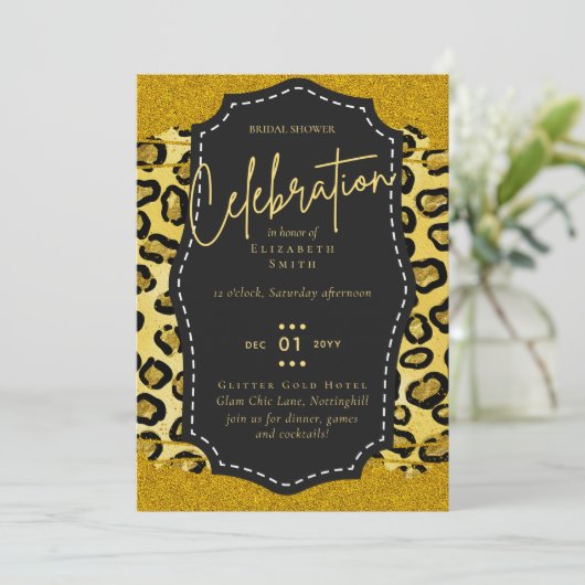 Glanzende Zwarte Gouden Bruidsfeest Thema Uitnodig Kaart (Staand voorkant)